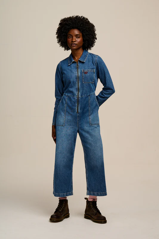 Tavira - Denim Long Sleeve Jumpsuit in Vintage Wash