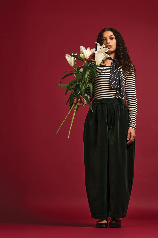 Beau - Barrel Leg Cotton Velvet Trousers in Jade